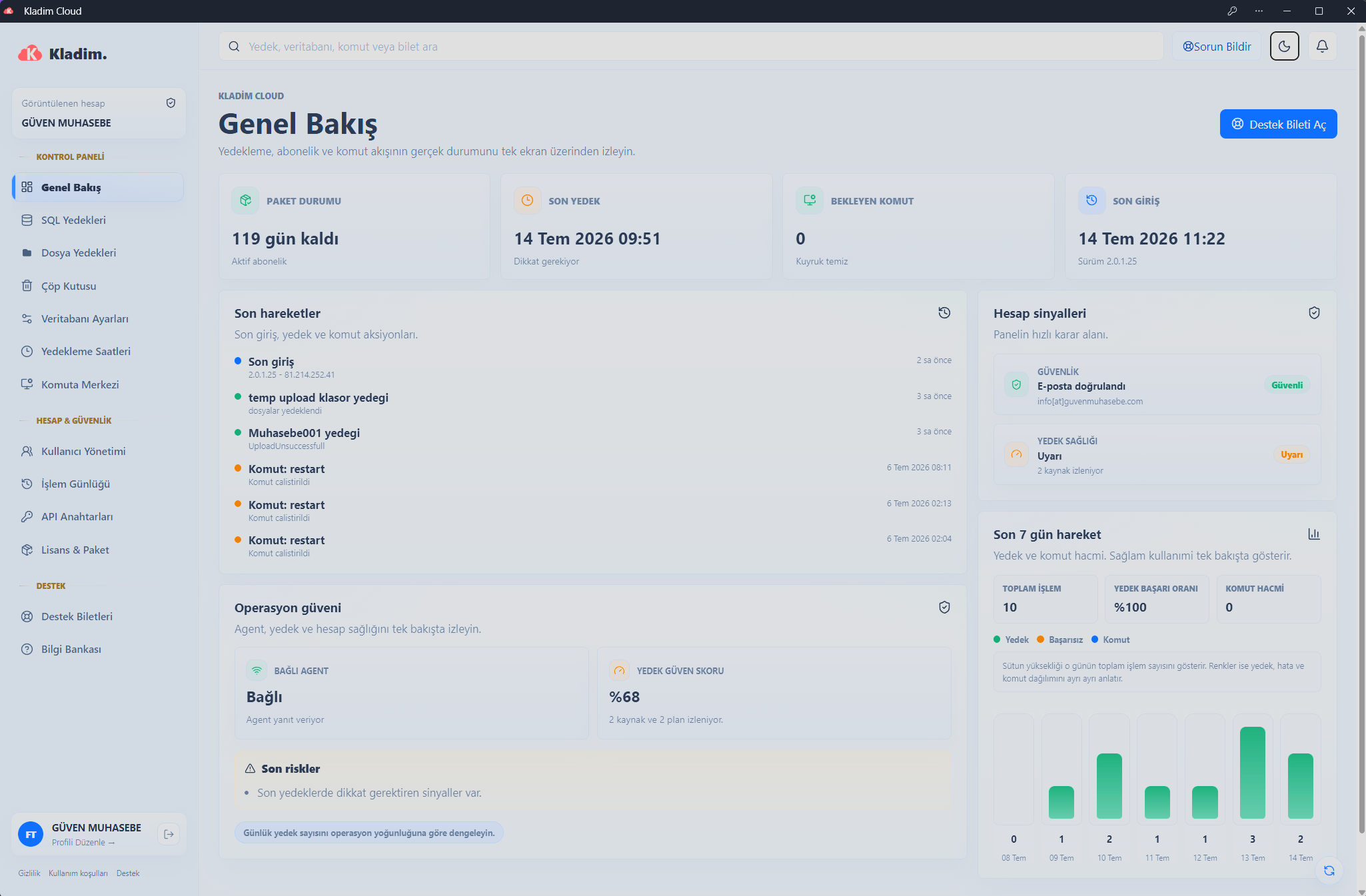 Kladim Cloud açık tema genel bakış ekranı