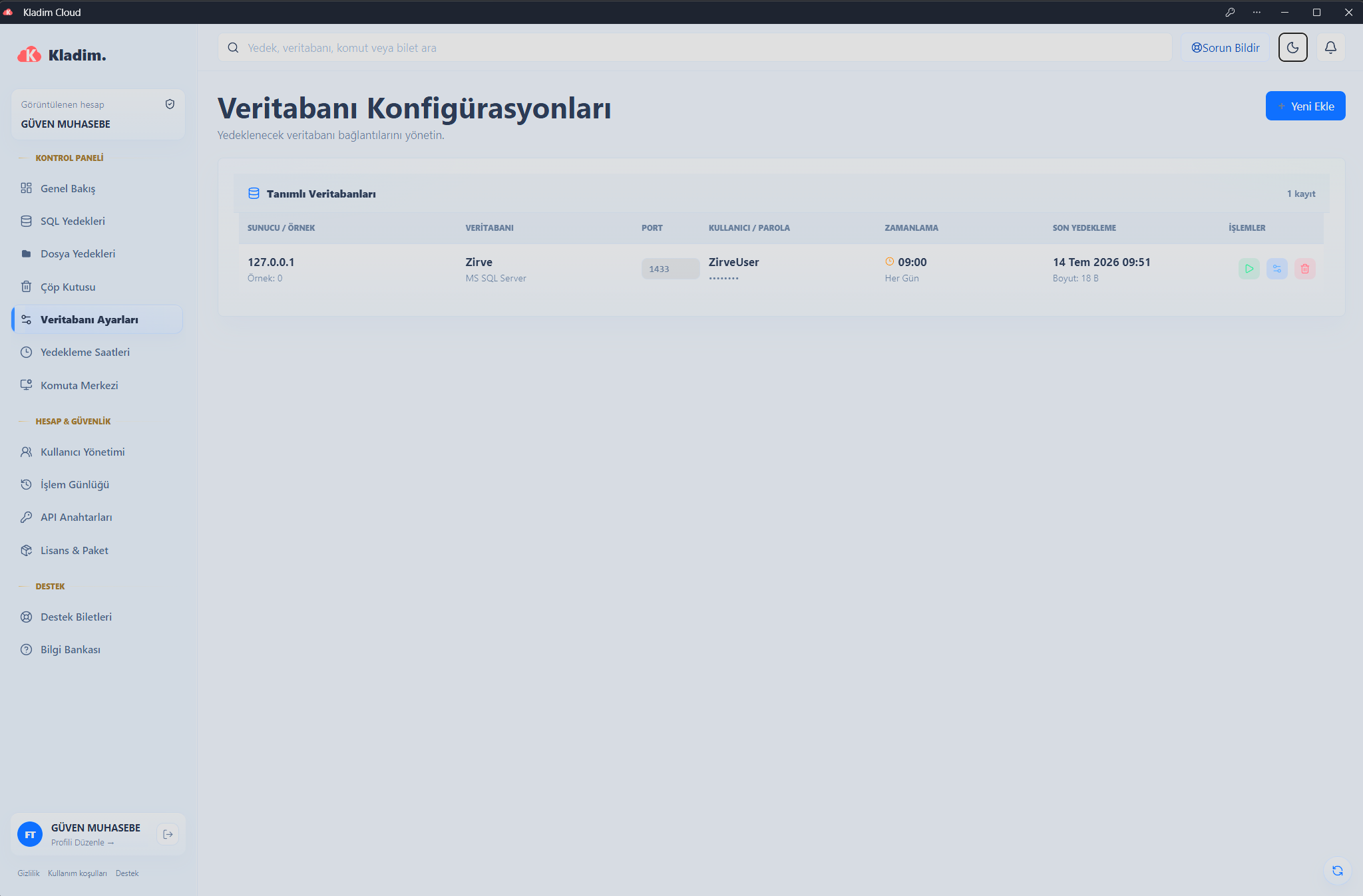 Database yapılandırma ekranı