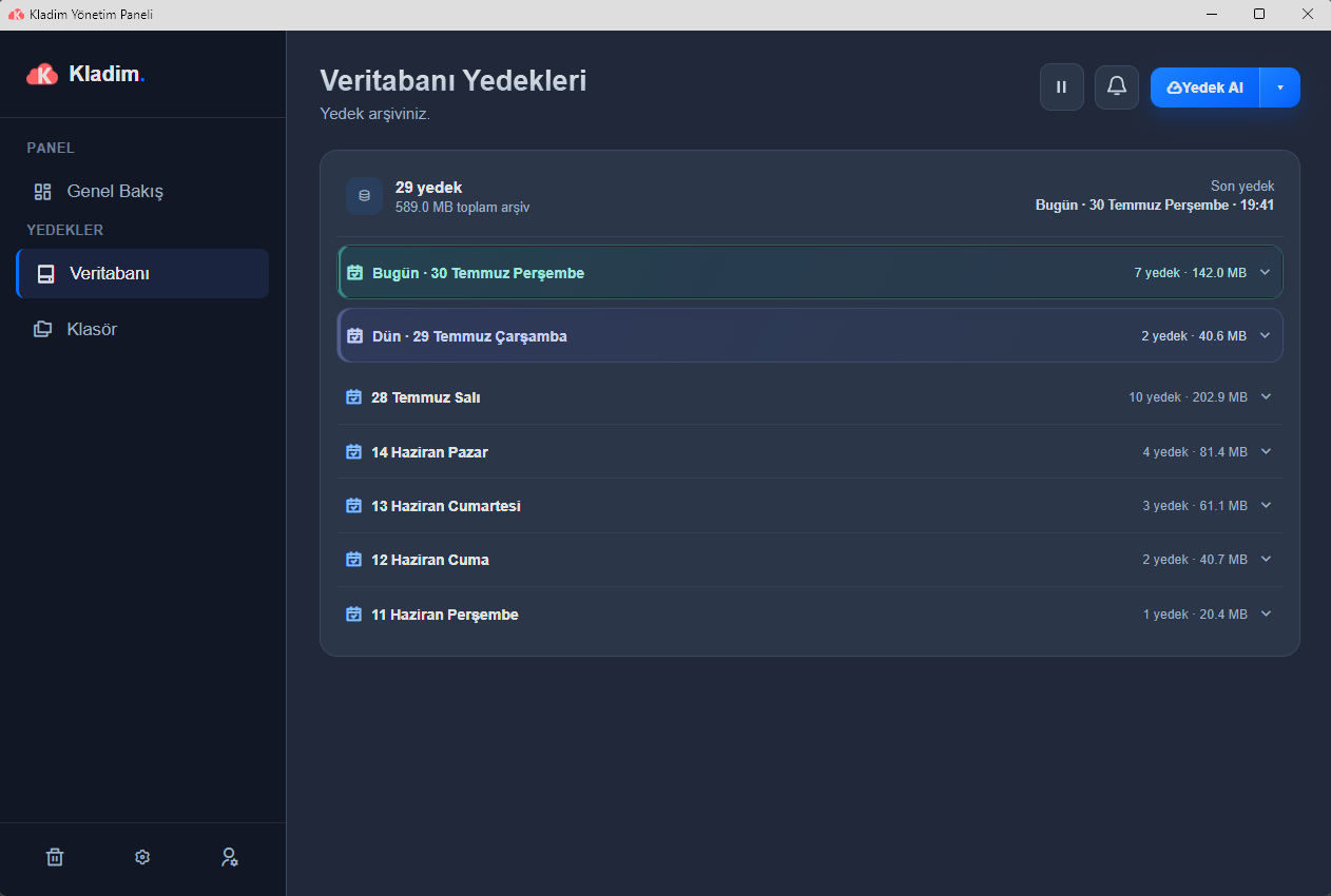 Kladim PostgreSQL backup geçmişi ve farklı tarihli geri dönüş noktaları