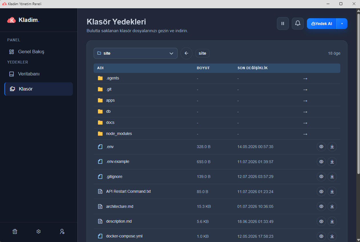 Kladim screen showing the fast file explorer, folder backups and versioned files