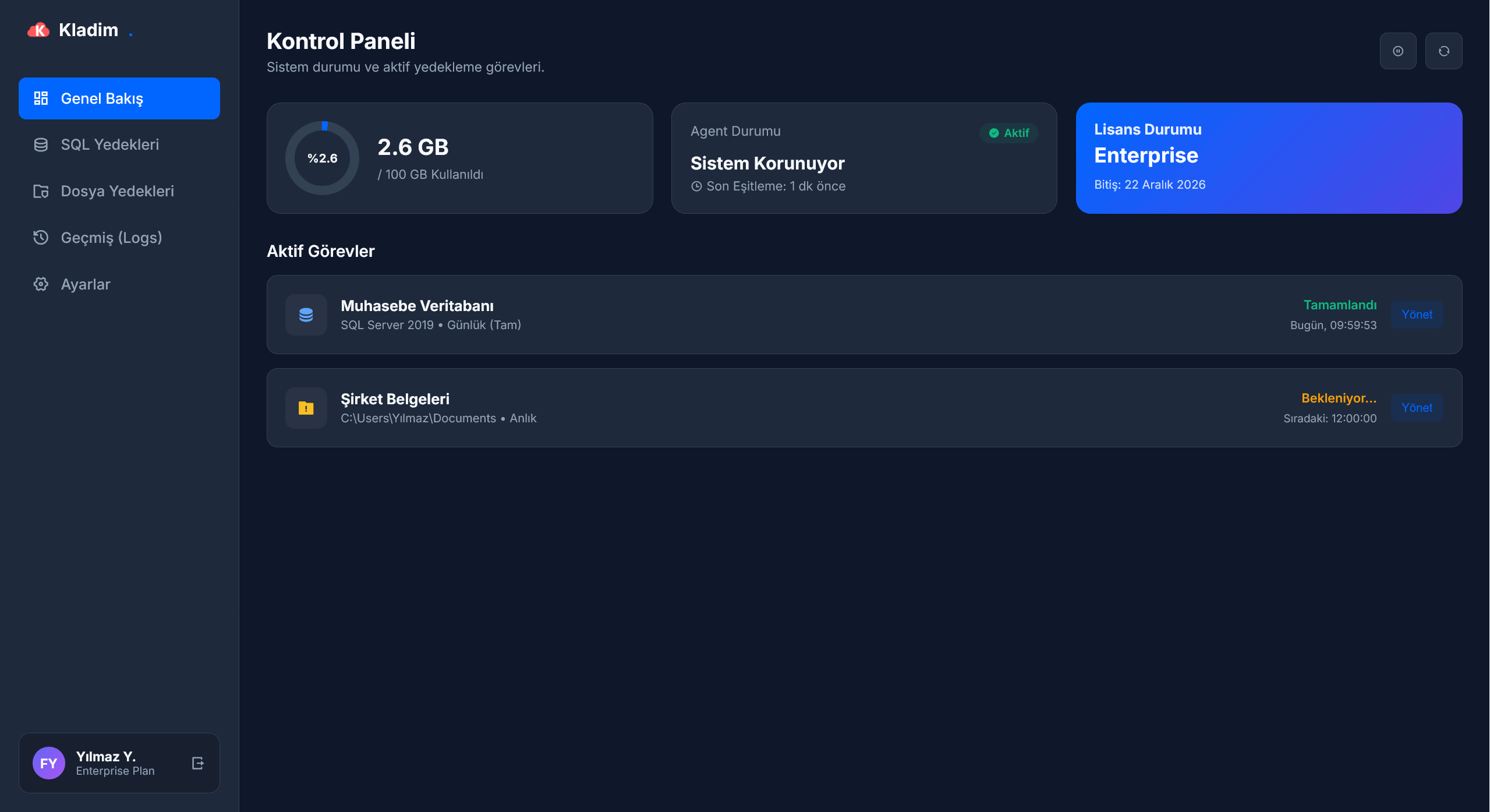 Panel de administración de copias de seguridad SQL y nube de Kladim