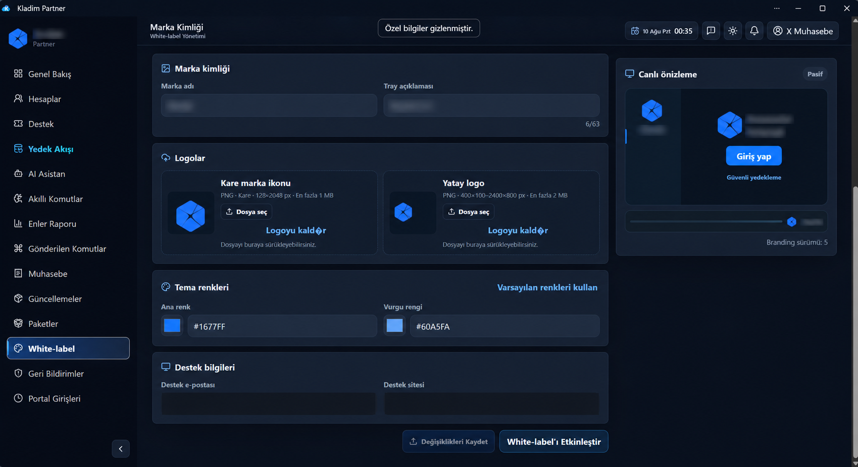 صفحه مدیریت وایت‌لیبل Kladim Partner با اطلاعات خصوصی پنهان‌شده