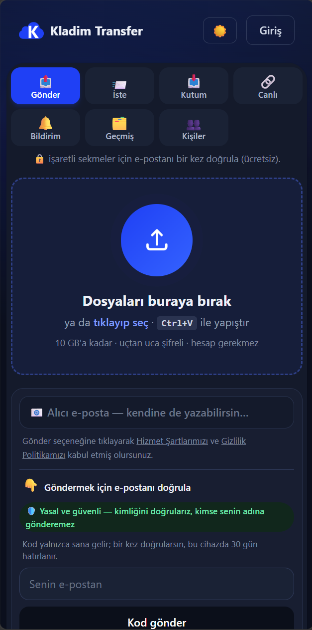 صفحه واقعی ارسال فایل برنامه Kladim Transfer در موبایل